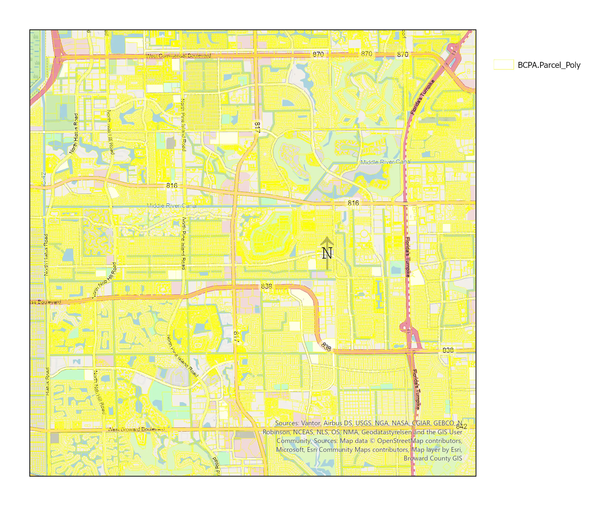 ArcGIS Pro map of Broward County parcels, buildings, and tree canopy with legend and north arrow